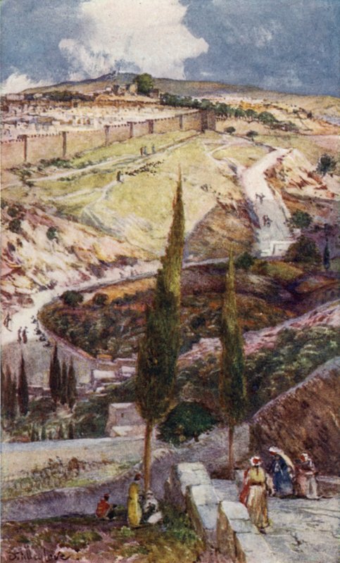 Den nordøstlige ende af Jerusalem og Mizpa, fra Oliebjerget (farve litho) af John Fulleylove