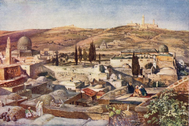 Tempelområdet og Oliebjerget, fra Zions bjerg (farve litho) af John Fulleylove