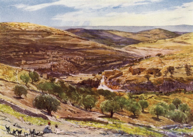 Valley of Hinnom, med Hill of Offense (farve litho) af John Fulleylove