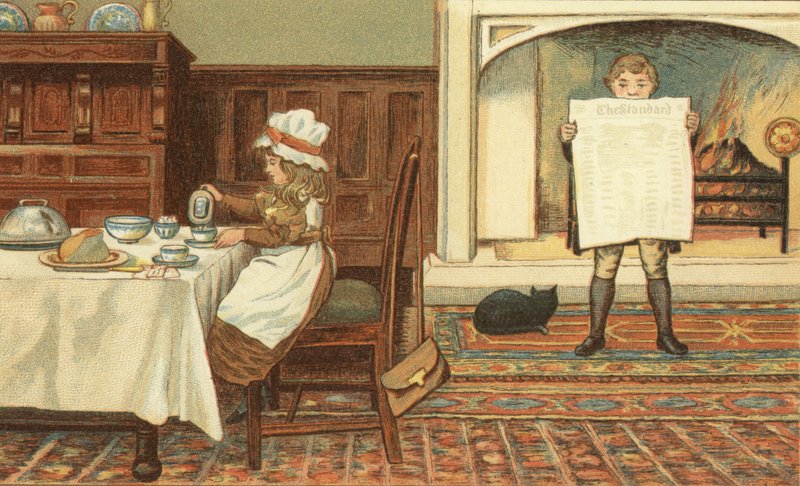 Morgenmad (farve litho) af John George (after) Sowerby