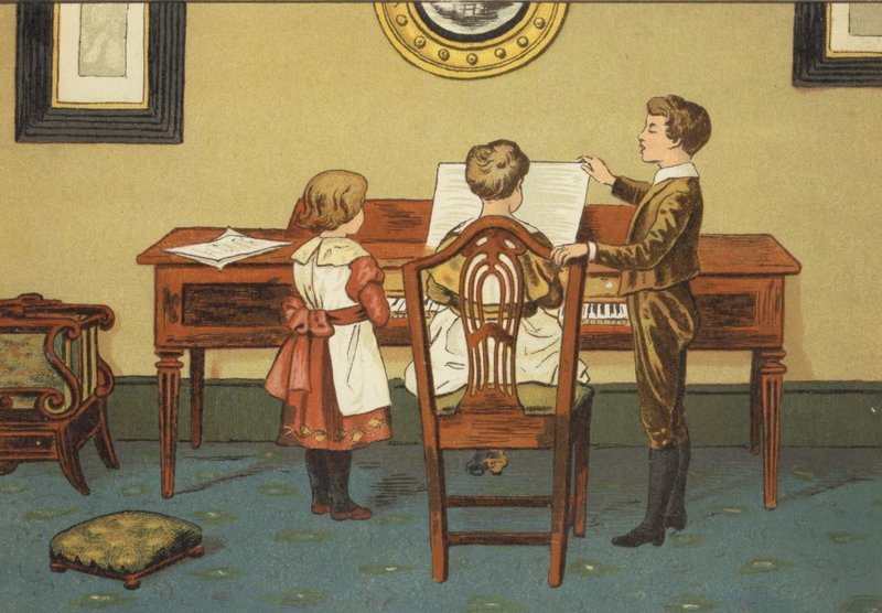 Børn øver ved klaveret (farve litho) af John George (after) Sowerby