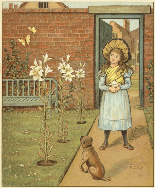 Pige i en muret have, udover liljer og hendes hund (farve litho) af John George (after) Sowerby