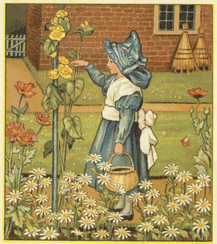 Pige i haven med stokrose, valmuer og tusindfryd (farve litho) af John George (after) Sowerby