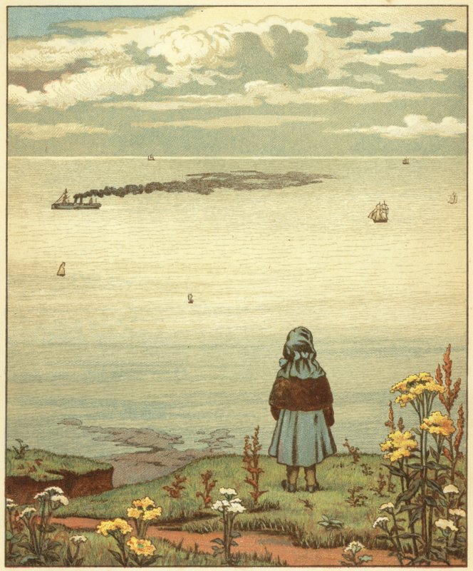 Pige ser ud til havet (farve litho) af John George (after) Sowerby