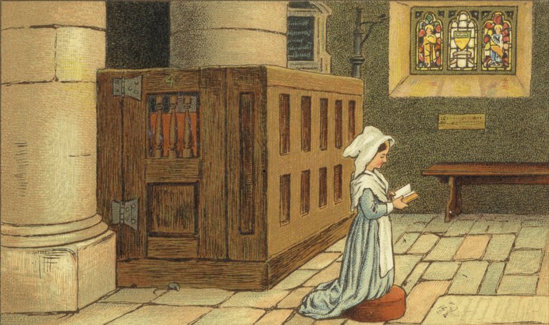 Pige beder i kirken (farve litho) af John George (after) Sowerby