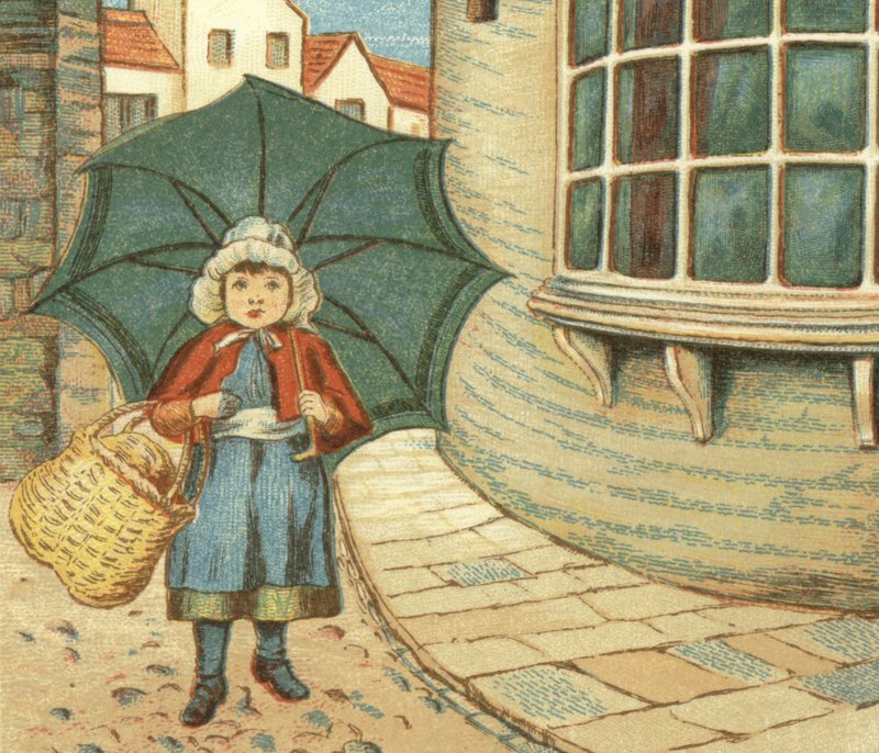 Lille pige ude at shoppe med sin kurv (farve litho) af John George (after) Sowerby