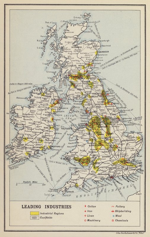 De britiske øer, økonomi, førende industrier (litografi) af John George Bartholomew