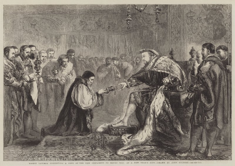 Biskop Latimer præsenterer en kopi af Det Nye Testamente til Henrik VIII som en nytårsgave af John Gilbert