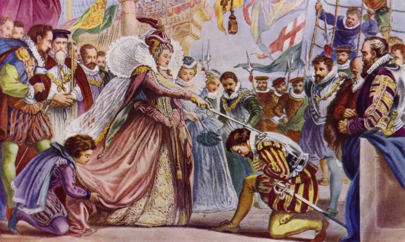 Dronning Elizabeth II ridder Sir Francis Drake om bord på sit skib, The Golden Hind, Deptford, 1581 af John Gilbert