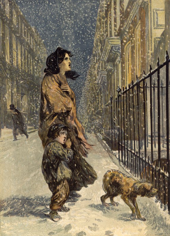 De hjemløse fattige, mor og barn med hund i sneen (chromolitho) af John Gilbert