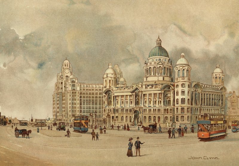 Liverpool: Kontorer for Mersey Docks and Harbour Board, The Liver Building osv., Approach to the Landing Stage (farve litho) af John Glynn