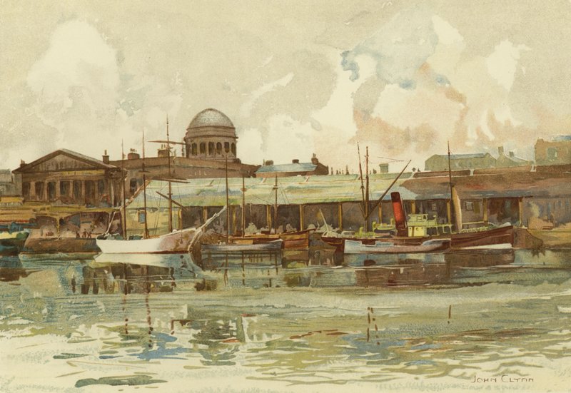 Liverpool: En del af Salthouse Dock, med Custom House (farve litho) af John Glynn