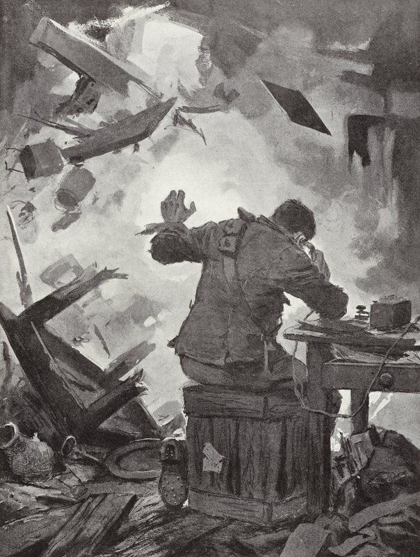 Bombardier W H French afsluttede sin besked, efter at en granat var kommet gennem det rum, hvor han ringede, Helpegarde, Første Verdenskrig af John Harris Valda