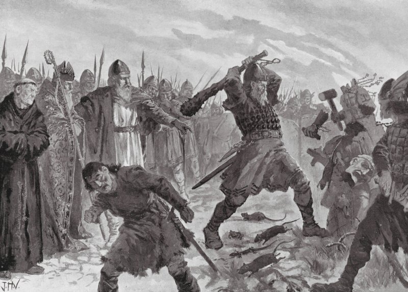 Kong Olav den Hellige bryder billedet af guden Mor af John Harris Valda
