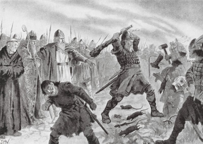 Kong Olav den Hellige bryder billedet af guden Mor af John Harris Valda