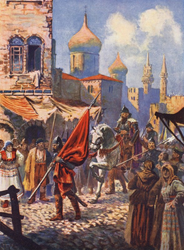 Ivan den Grusommes tilbagevenden til Moskva efter erobringen af Kazan (farvelitografi) af John Harris Valda