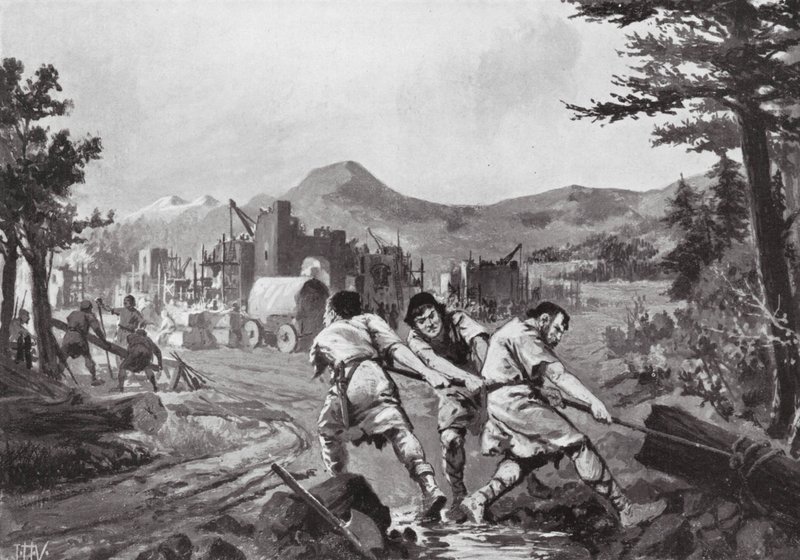 Valakiske bjergfolk grundlægger en by, niende århundrede (litografi) af John Harris Valda
