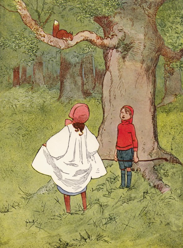 "Et kært lille egern, med en krøllet hale" (farve litho) af John Hassall