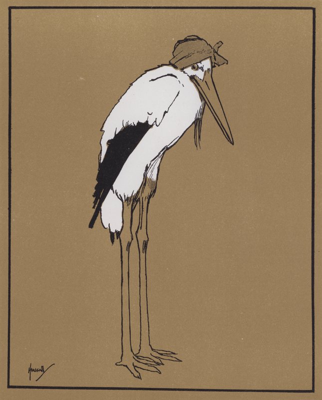"Men hvis Storken har en syg hovedpine?" (farve litho) af John Hassall