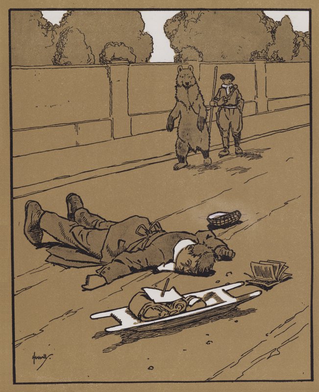 "I dagtimerne er der intet som den gode gammeldags sikring af at skæmme døde" (farve litho) af John Hassall