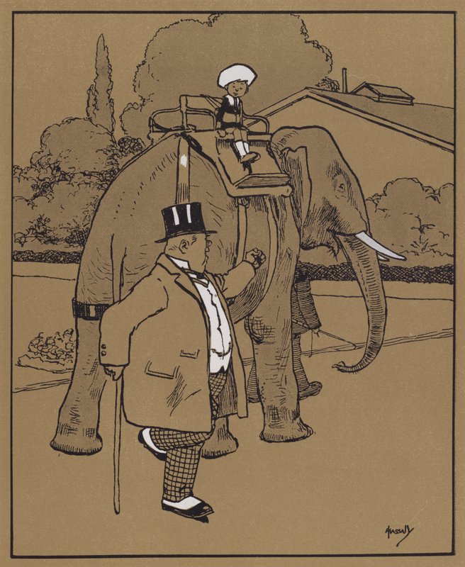 "Han kaldte elefanten et stumt udyr eller noget" (farve litho) af John Hassall
