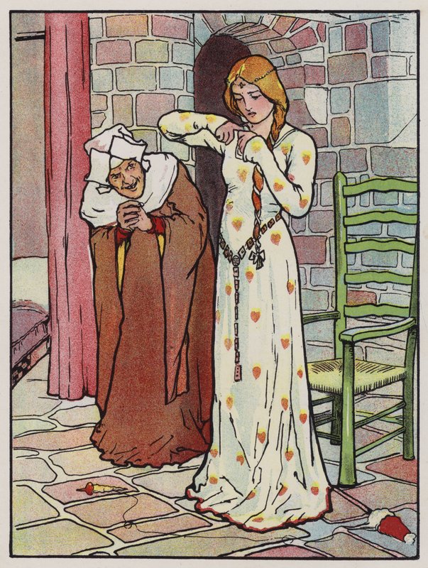 Rosanne stikker sin hånd med spindlen (farve litho) af John Hassall