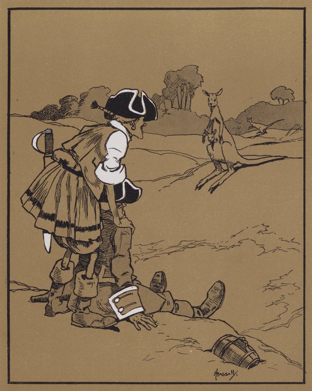 Opdagelsen af kænguruen (farve litho) af John Hassall