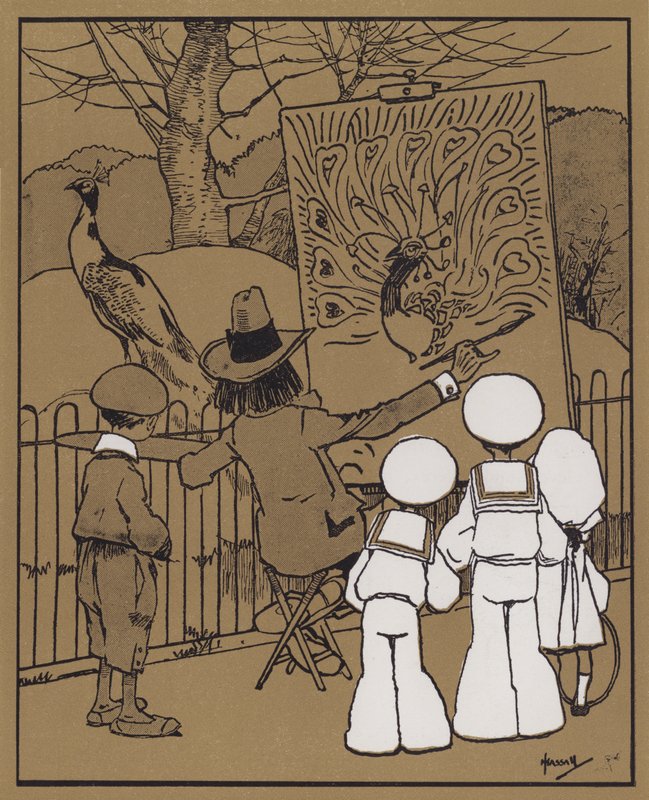 Påfuglen og den dekorative kunstner (farve litho) af John Hassall