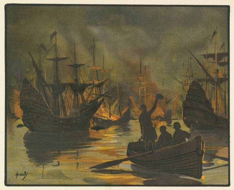 Den uovervindelige Armada angrebet af ildskibe (farve litho) af John Hassall