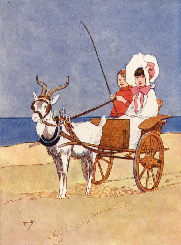 "Onkel Reggie lejede gede-chaiselongen til os" (farve litho) af John Hassall