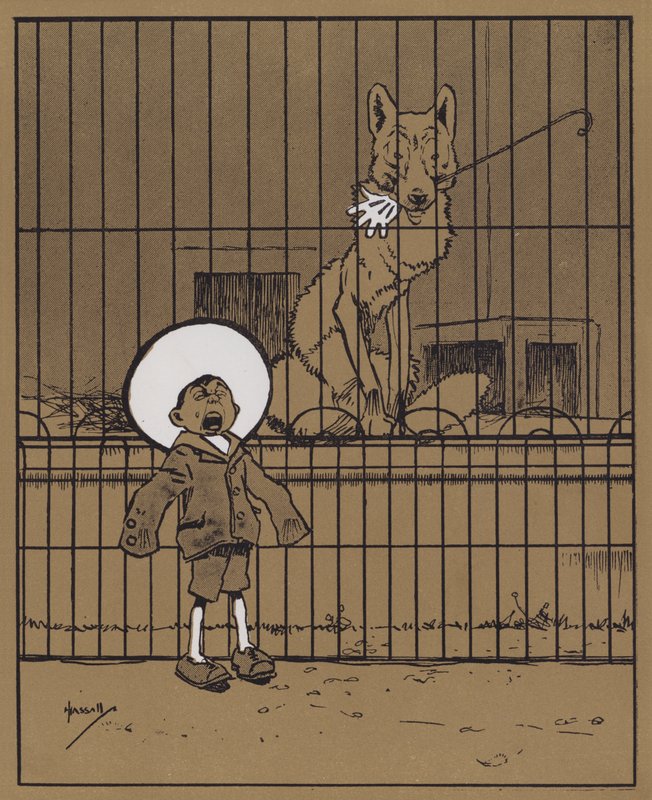"Besøgende, der stikker hænderne gennem skinnerne, rådes til at se, at de får dem tilbage" (farve litho) af John Hassall