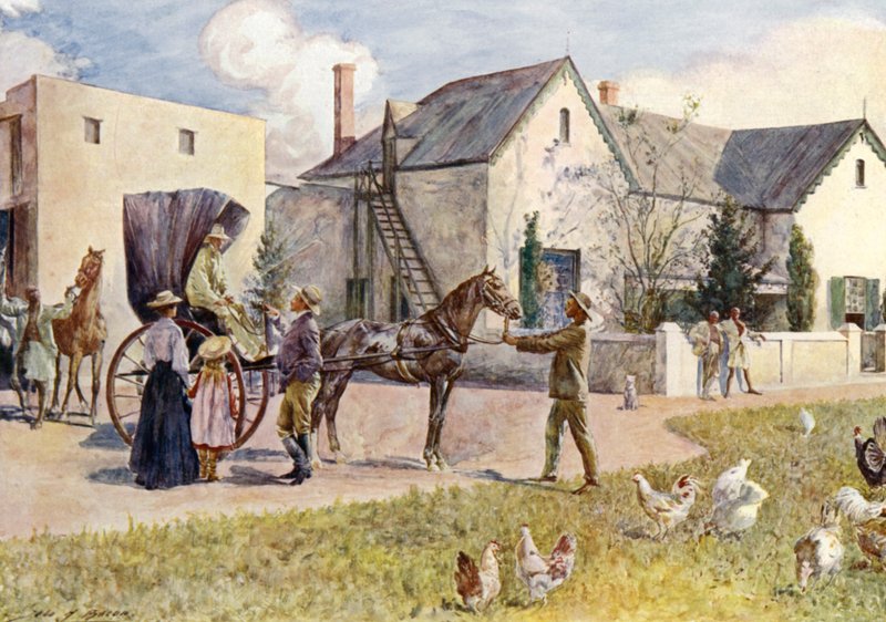 En sydafrikansk gård (farve litho) af John Henry Frederick (after) Bacon