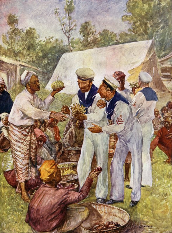 Britisk tjære på et burmesisk marked (farve litho) af John Henry Frederick (after) Bacon