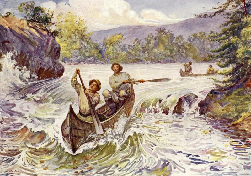 Canadiere skyder strømfald i kanoer (farve litho) af John Henry Frederick (after) Bacon
