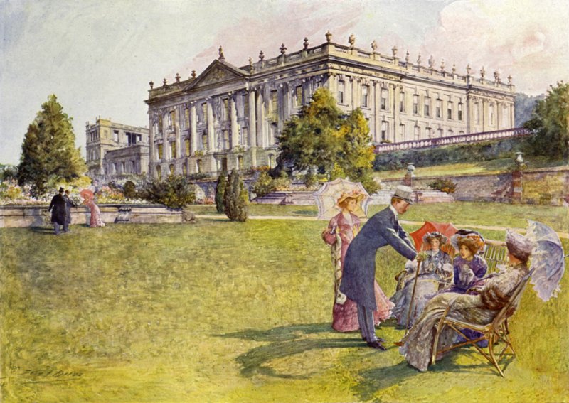Chatsworth House (farve litho) af John Henry Frederick (after) Bacon