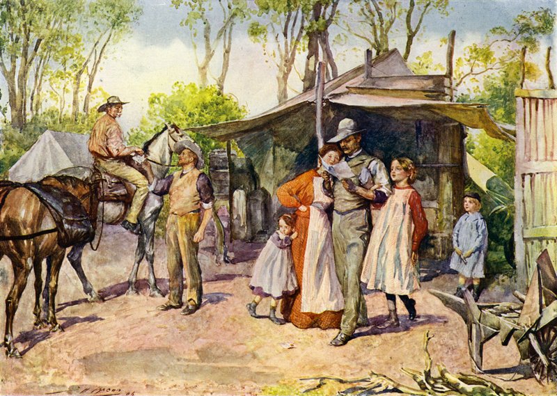 Levering af breve i den australske bush (farve litho) af John Henry Frederick (after) Bacon