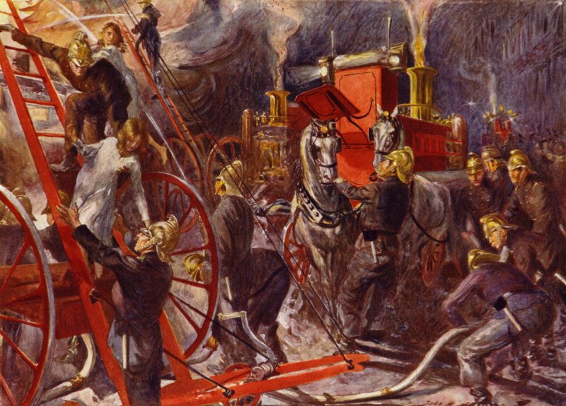 Brandvæsenet på arbejde (farvelitografi) af John Henry Frederick (after) Bacon