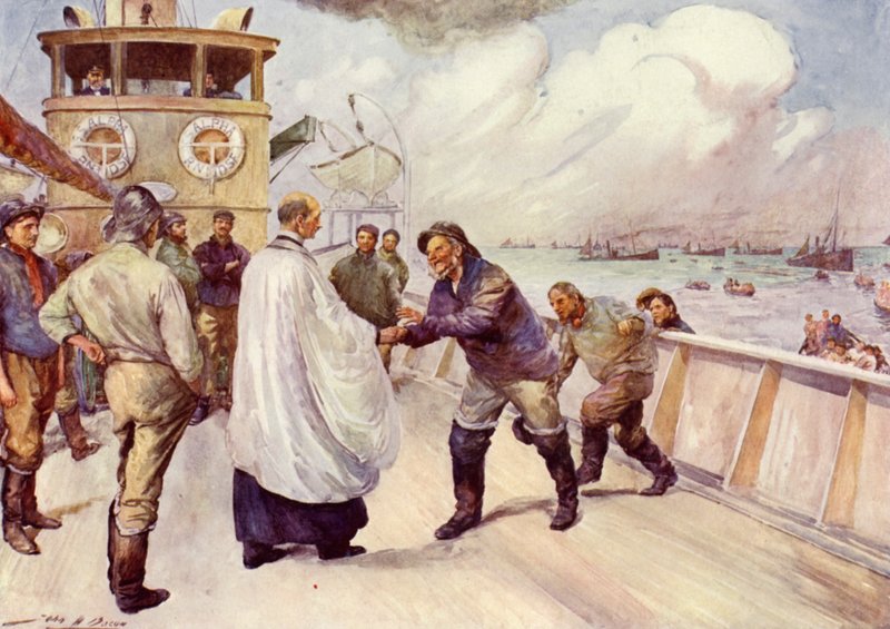Fiskere fra Nordsøens fiskerflåde samles til gudstjeneste (farve litho) af John Henry Frederick (after) Bacon