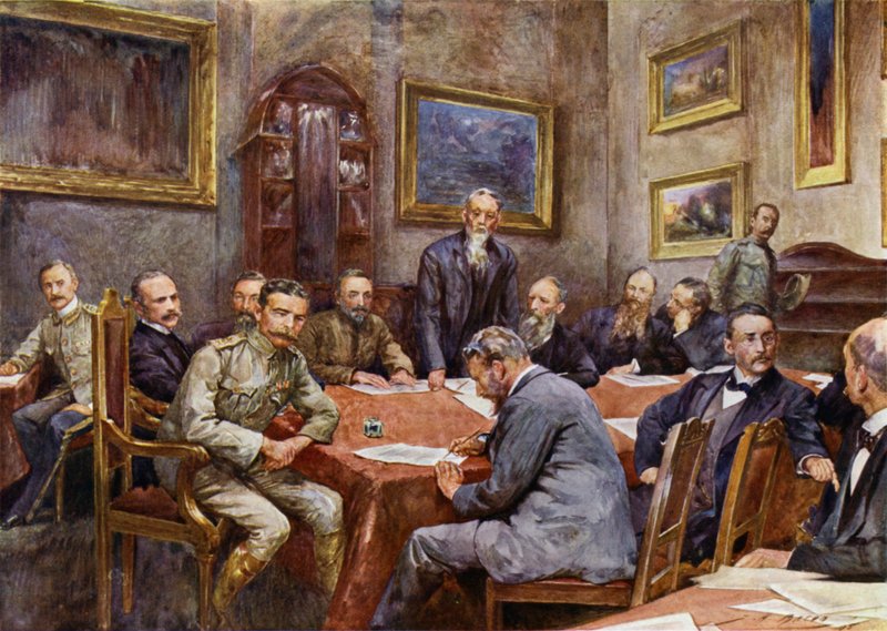 Underskriver fredstraktaten i Pretoria (farve litho) af John Henry Frederick (after) Bacon