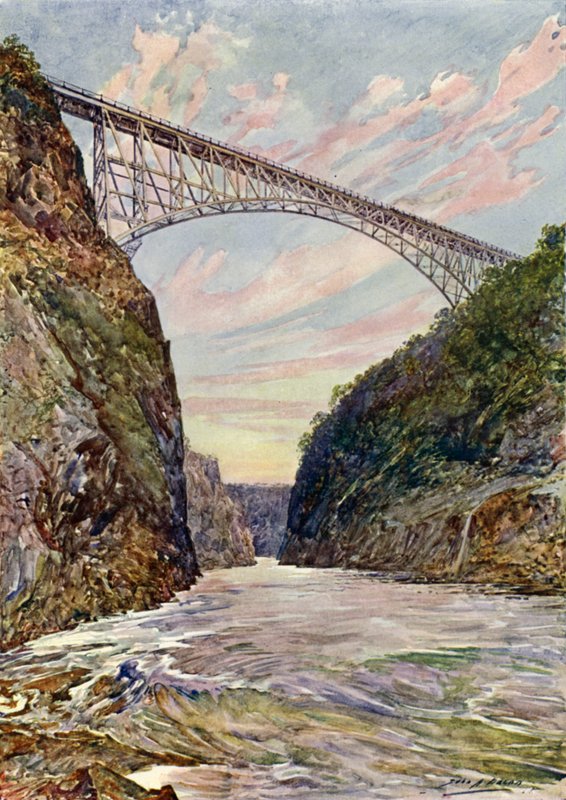 Broen over Victoria Falls, Rhodesia (farve litho) af John Henry Frederick (after) Bacon