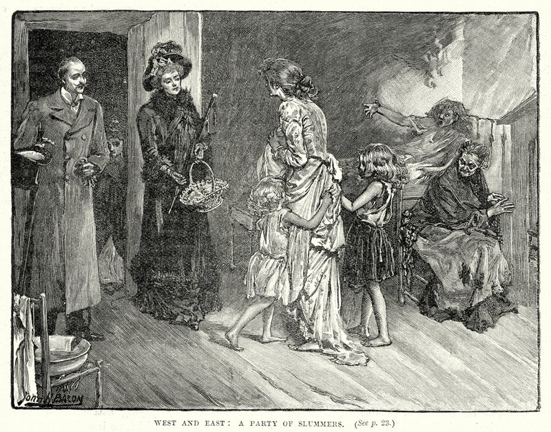 Vest og øst: En gruppe slumstormere (kobberstik) af John Henry Frederick (after) Bacon