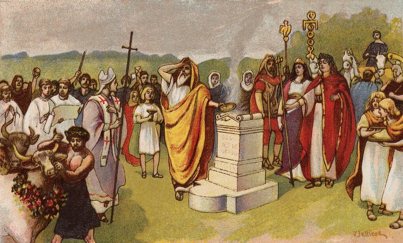 Konstantin den Store ofrer et offer, da de første kristne ankommer, York, 306 (chromolitho) af John Jellicoe