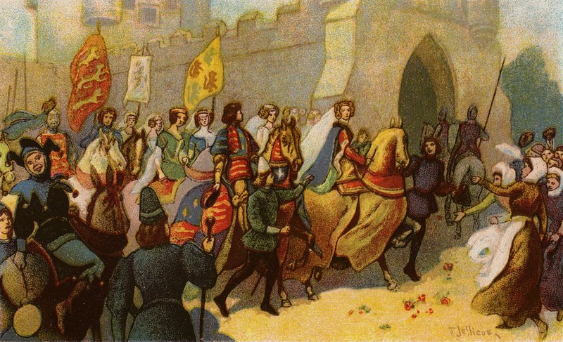 Kong Edward III og hans adelsmænd eskorterede Philippa af Hainaut til York af John Jellicoe