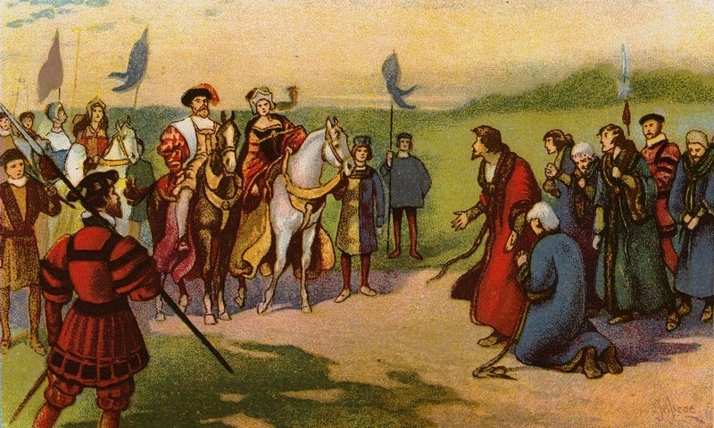 Kong Henry VIII og Catherine Howard ankommer til York efter Pilgrimage of Grace 1541 (chromolitho) af John Jellicoe
