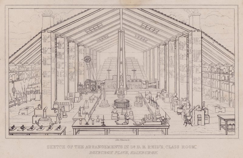 Skitse af arrangementerne i Dr D B Reids klasseværelse, Roxburgh Place, Edinburgh (gravering) af John Johnstone