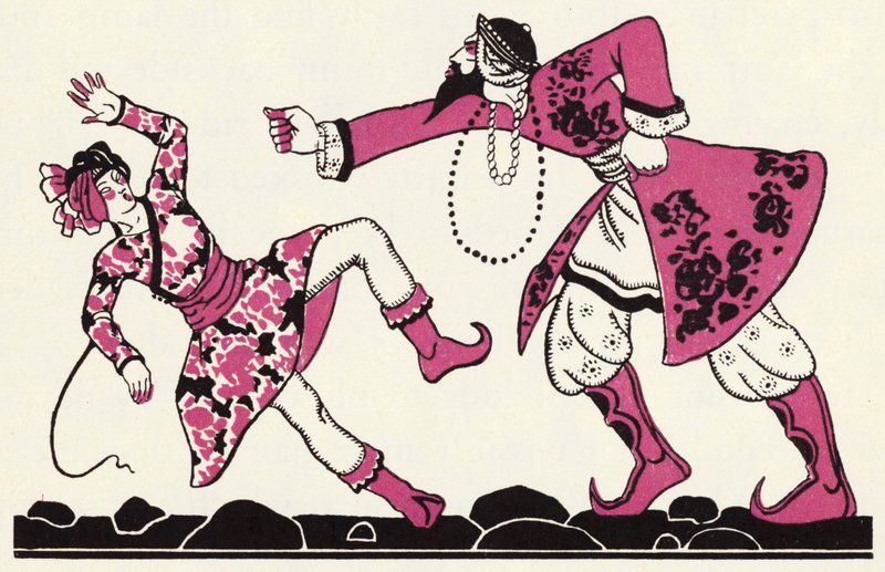 Udsmykning til historien om Aladdin og den vidunderlige lampe (farve litho) af John Kettelwell