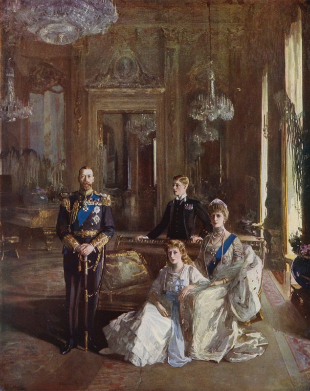 King George V, Queen Mary, the Prince of Wales and Princess Mary in the White Drawing Room, Buckingham Palace, London, 1913dani af John Lavery