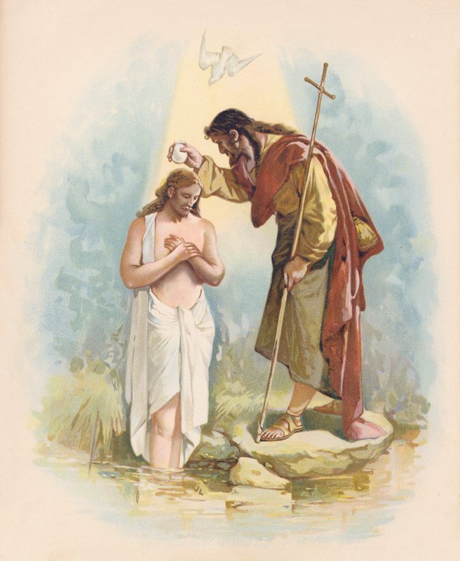Jesus bliver døbt (farvelitografi) af John Lawson