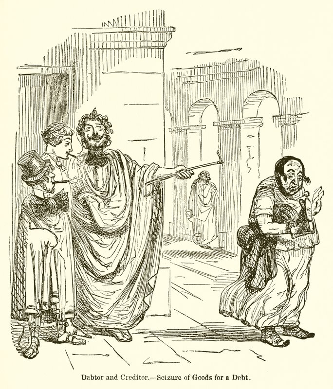 Debitor og Kreditor.--Beslaglæggelse af Gods for en Gæld af John Leech