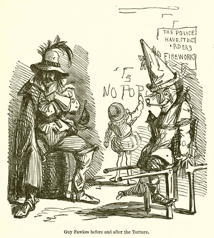 Guy Fawkes før og efter torturen af John Leech